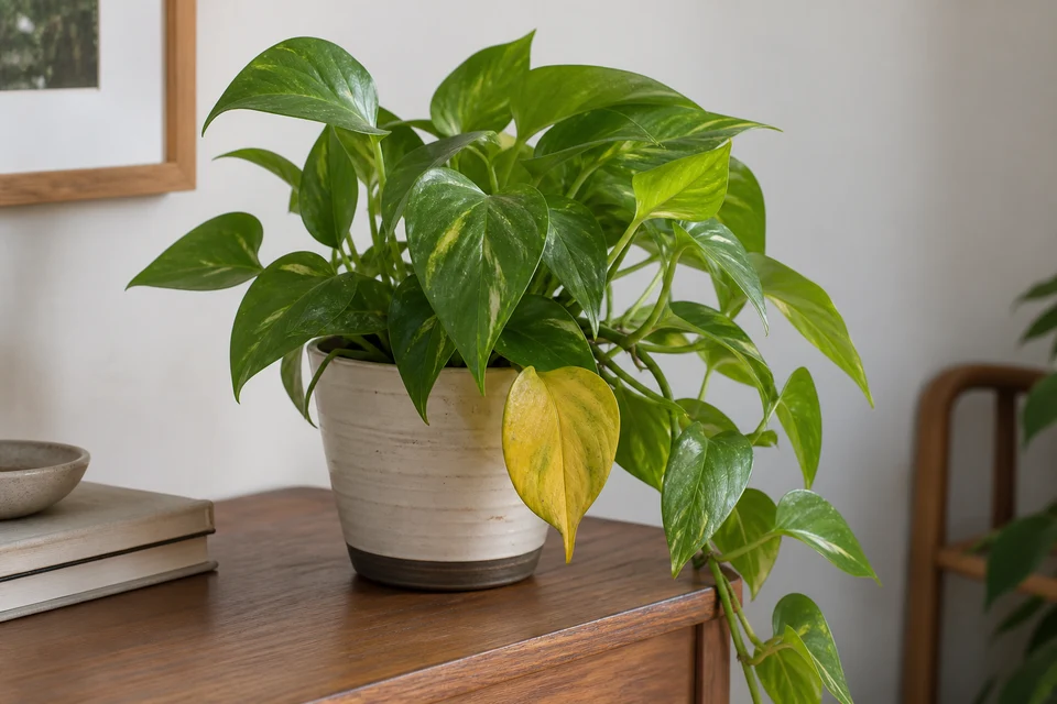 Pothos con una hoja baja amarilla entre hojas verdes.