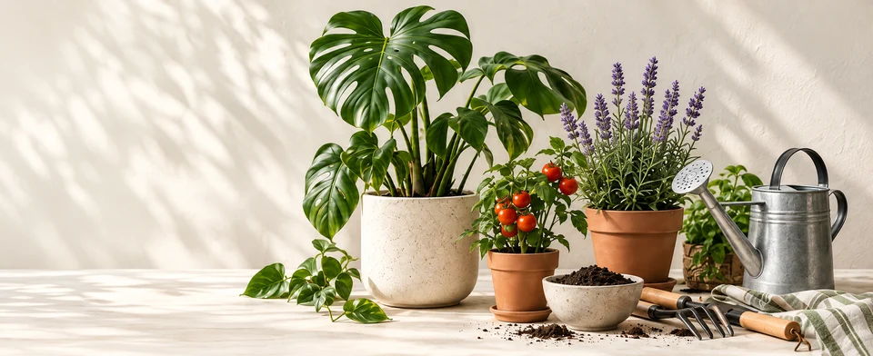 Monstera, tomates, lavanda y una regadera sobre una mesa con tierra y herramientas.