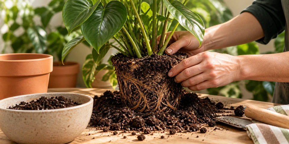 Manos trasplantando una planta y revisando su cepellón.