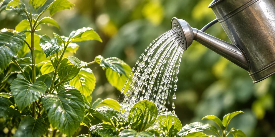 Una regadera vierte agua sobre plantas verdes.
