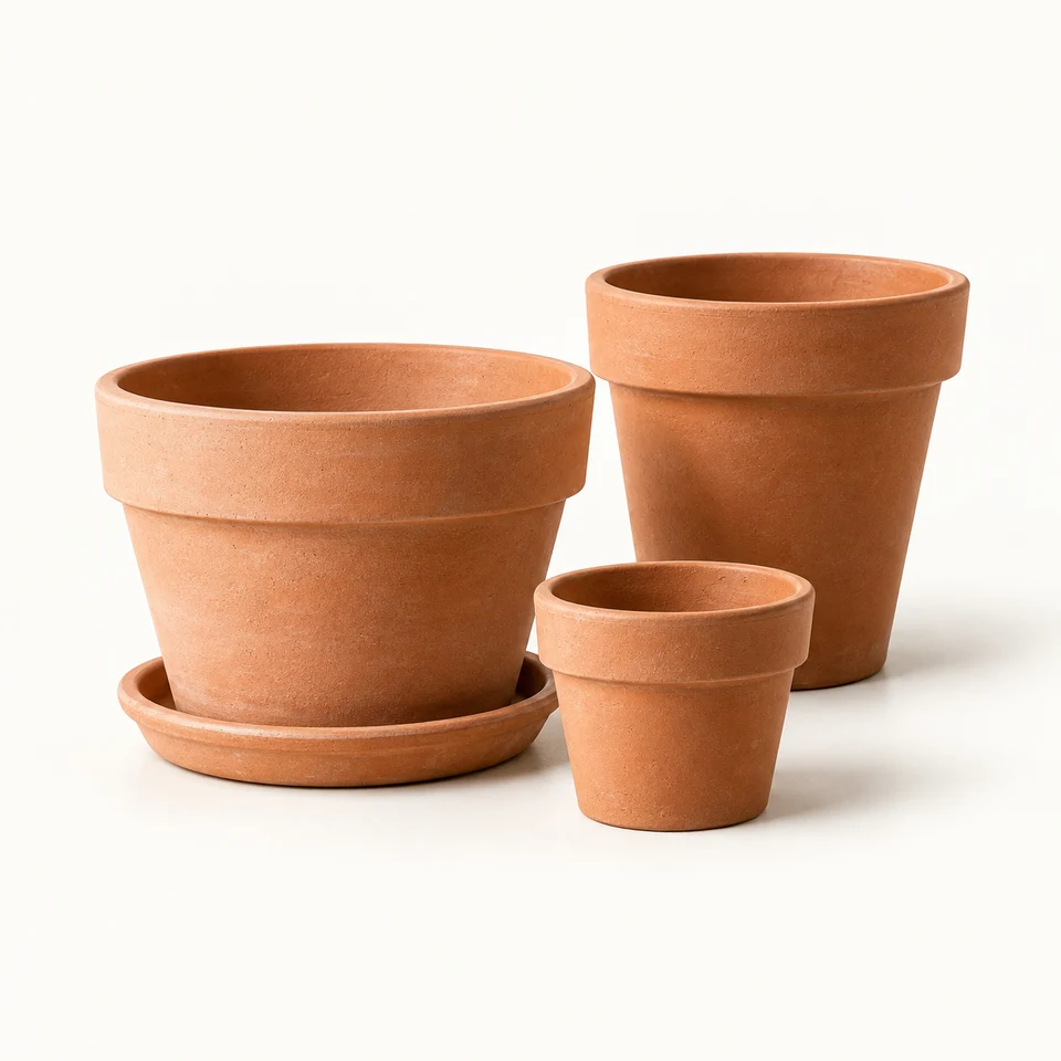 Conjunto de macetas de terracota de diferentes tamaños.