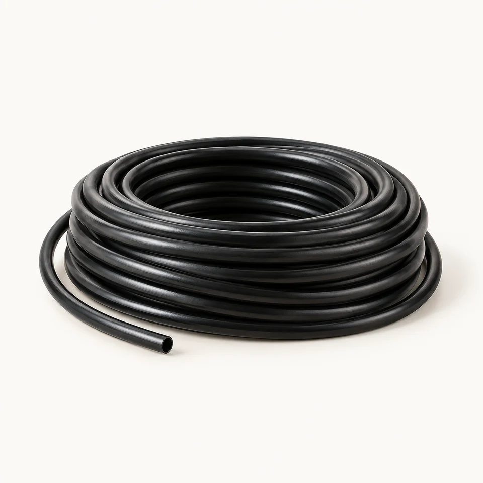 Rollo de tubería negra para un sistema de riego.