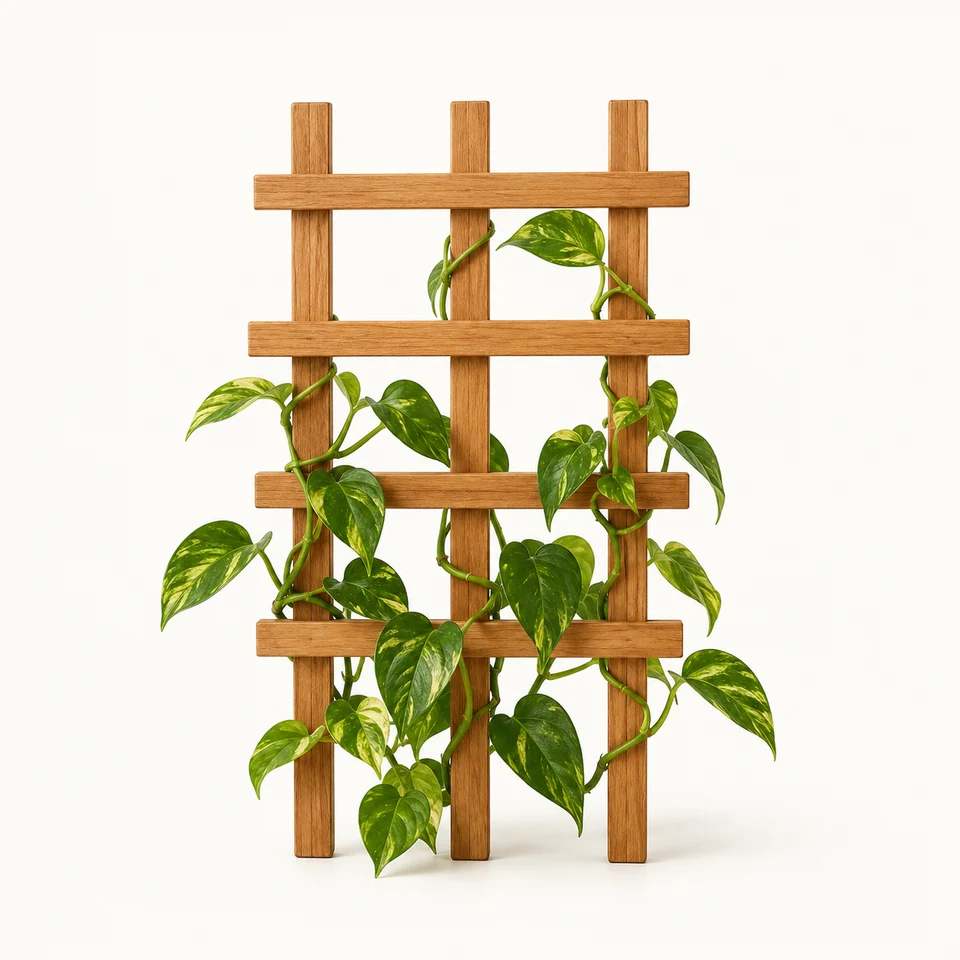 Celosía de madera que sostiene una planta.