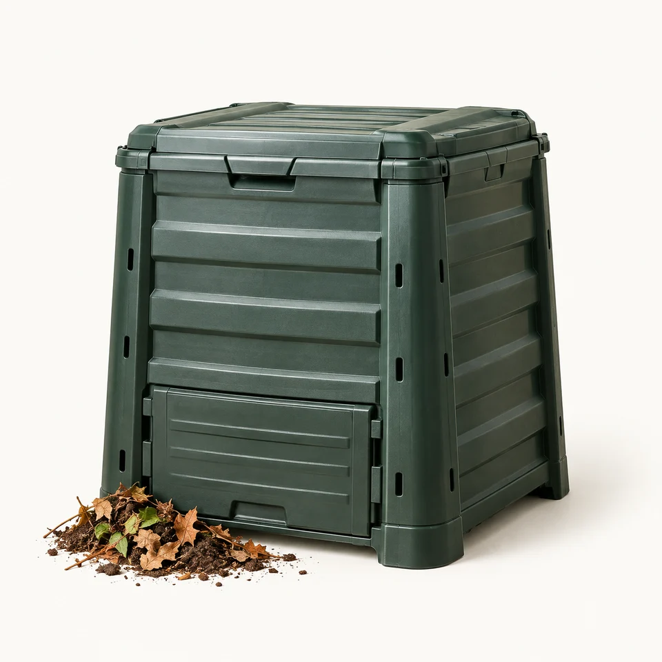 Compostador oscuro con restos vegetales a su alrededor.