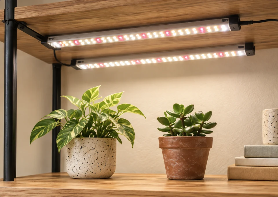 Dos barras de luz de cultivo bajo una estantería sobre un poto y una suculenta.