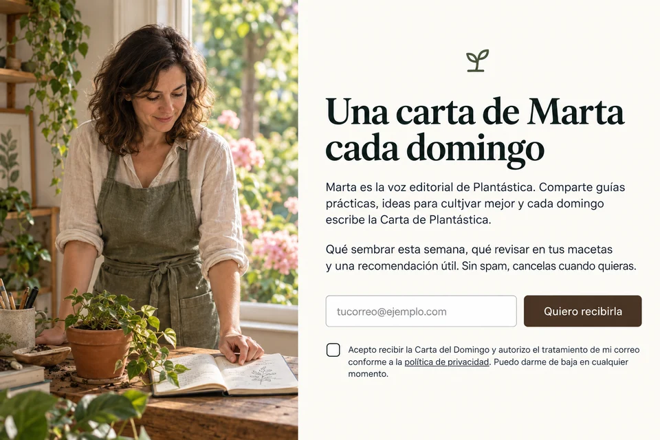 Marta cuida sus plantas junto a un cuaderno de notas y dibujos botánicos.
