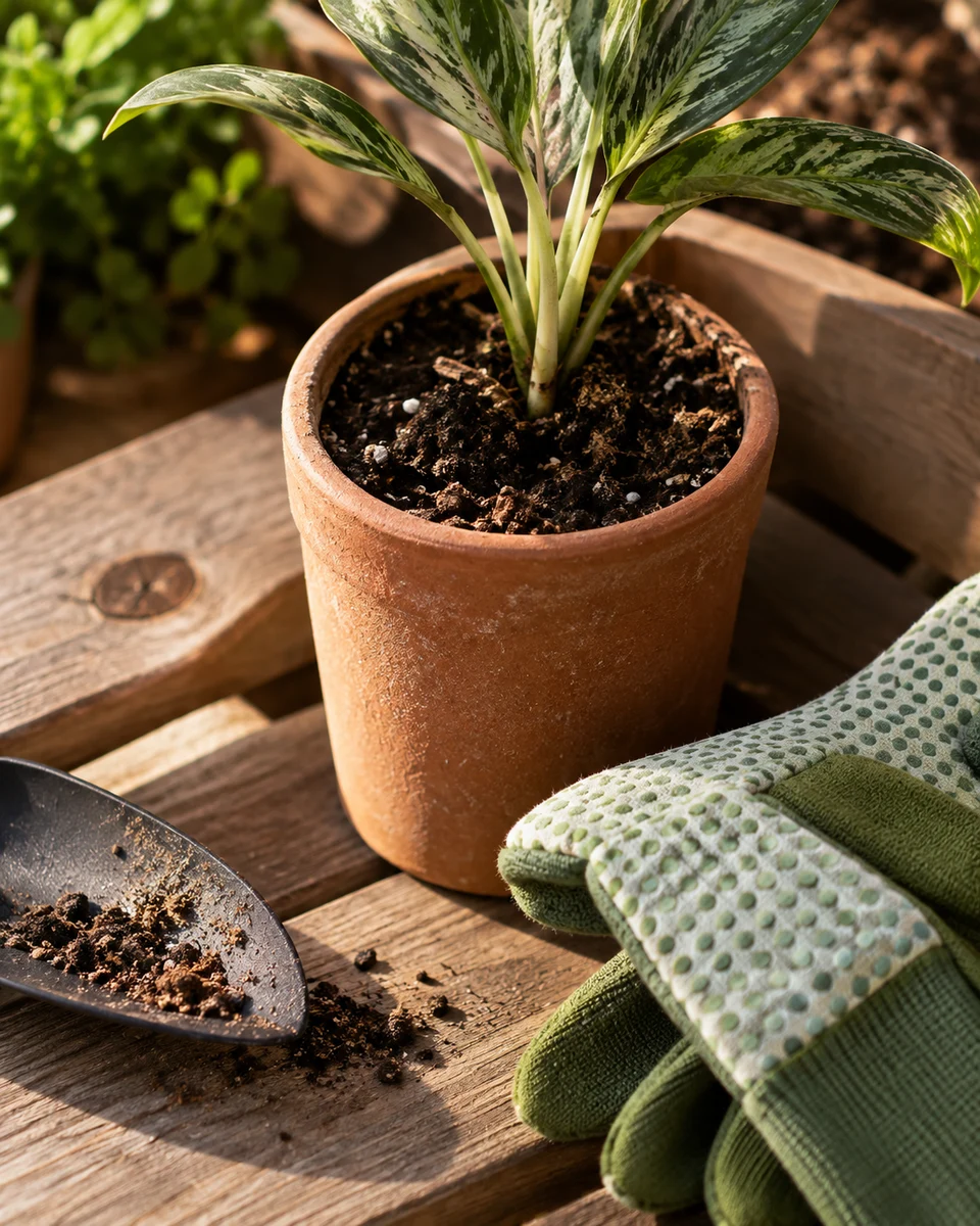 Maceta y guantes sobre una mesa de jardín