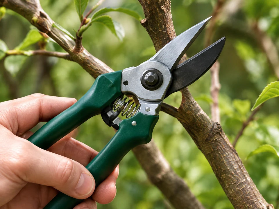 Manos sujetando tijeras verdes junto a ramas de jardín