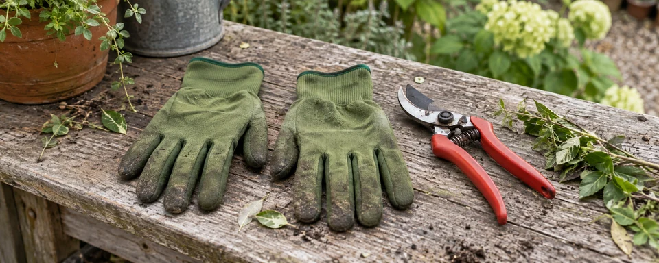 Un par de guantes verdes completos junto a unas tijeras de poda rojas sobre un banco de madera.