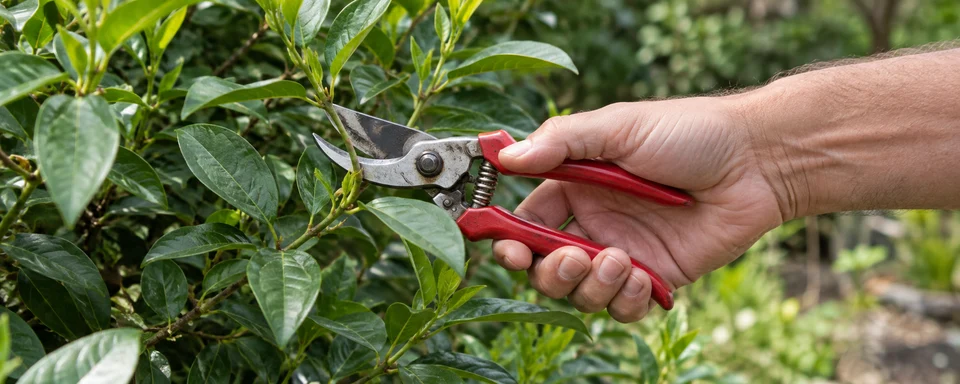 Una mano sujeta por los mangos unas tijeras de poda rojas junto a un brote fino.