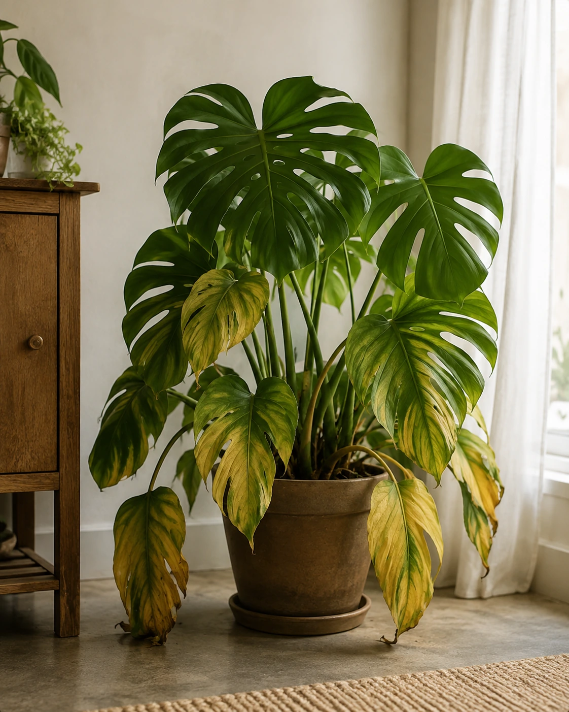 Monstera con hojas bajas y amarillentas entre hojas sanas