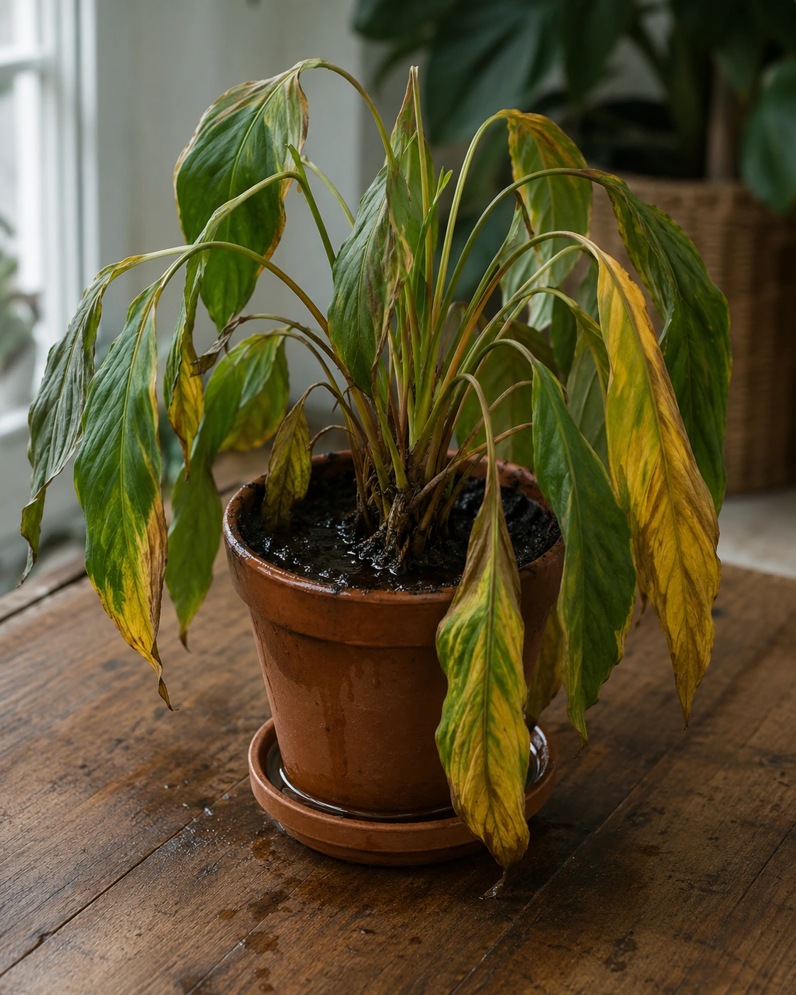 Planta con hojas caídas y amarillentas sobre sustrato encharcado