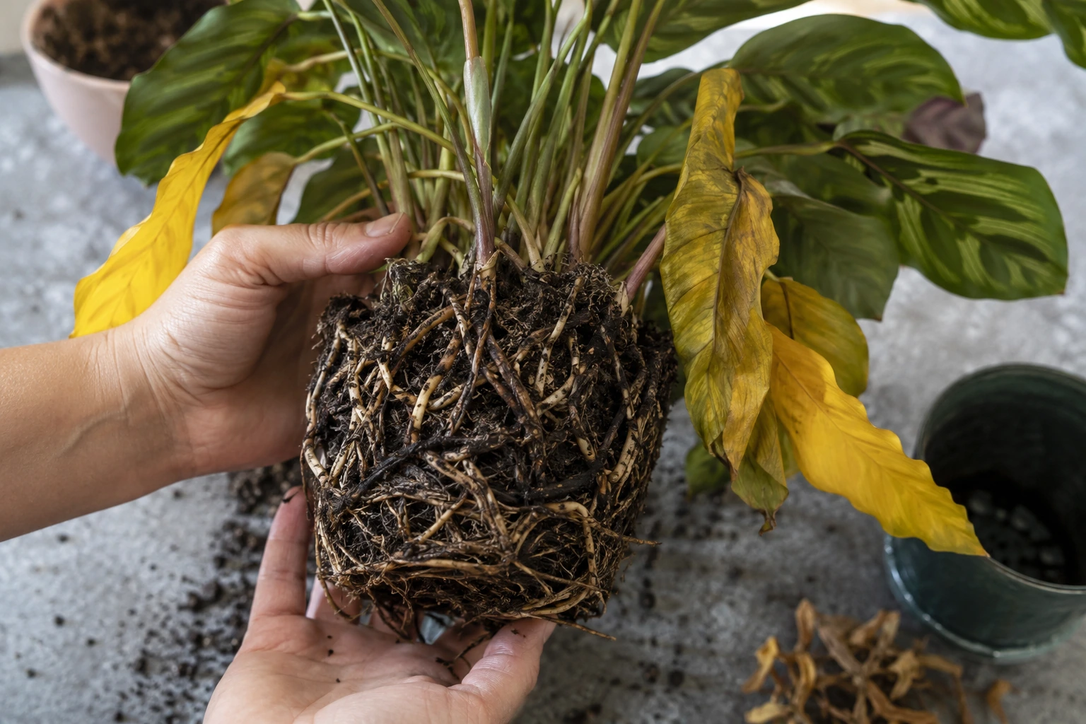 Calathea con hojas amarillas mientras se comprueba con el dedo la humedad del sustrato