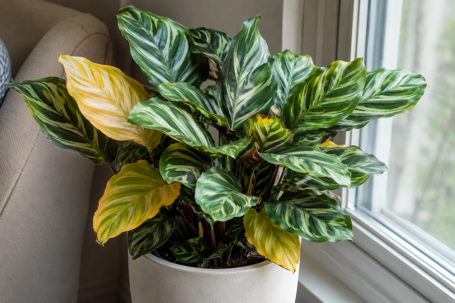 Calathea con hojas amarillentas y depósitos blanquecinos de sales visibles sobre el sustrato