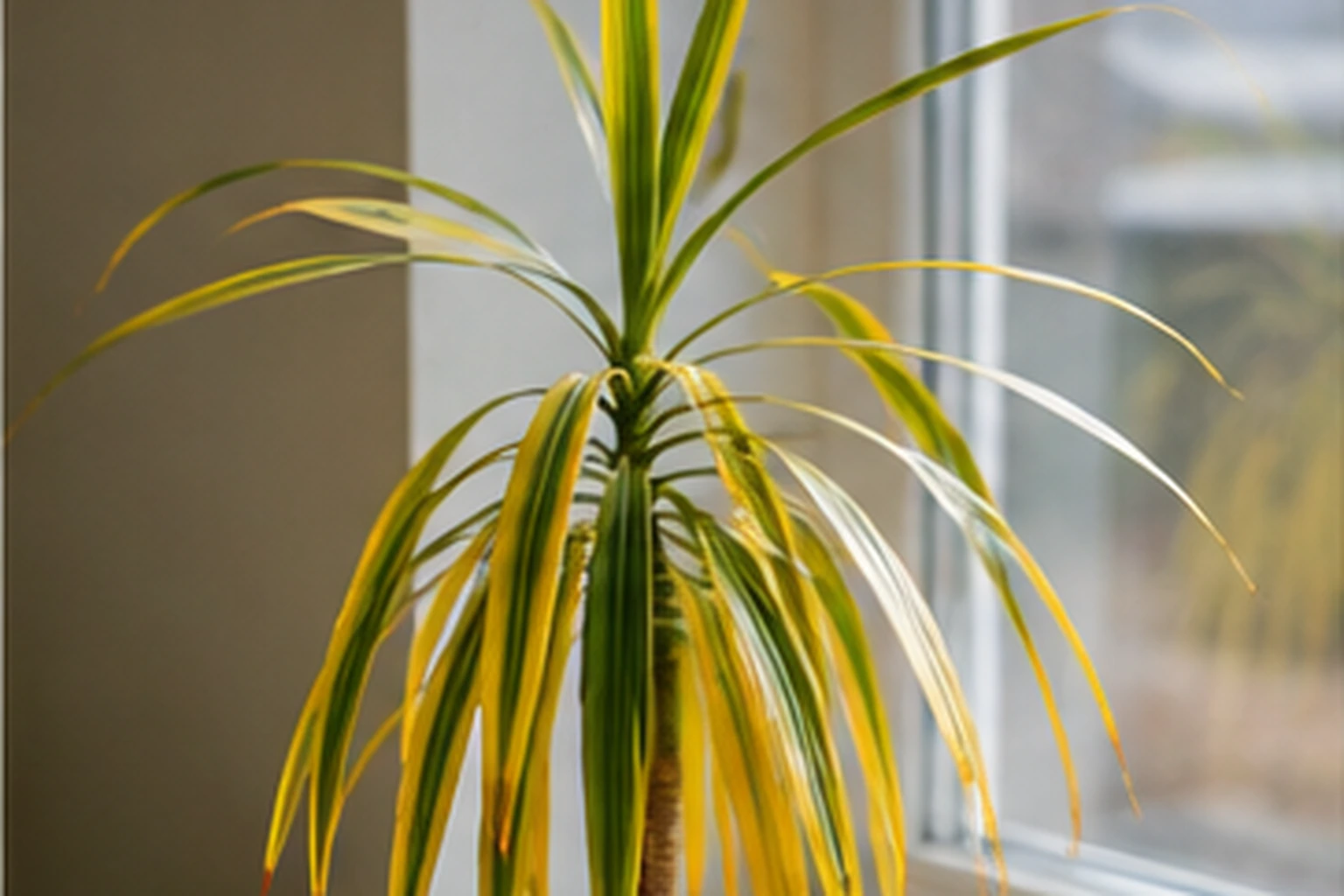 Drácena con hojas amarillentas colocada en una zona interior con muy poca luz natural