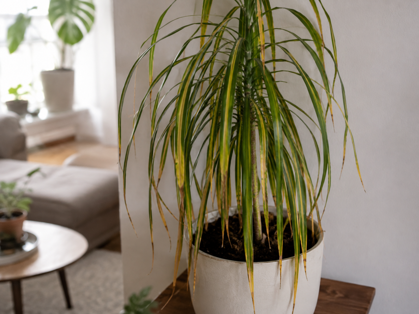 Drácena con hojas amarillas y puntas secas en un interior luminoso