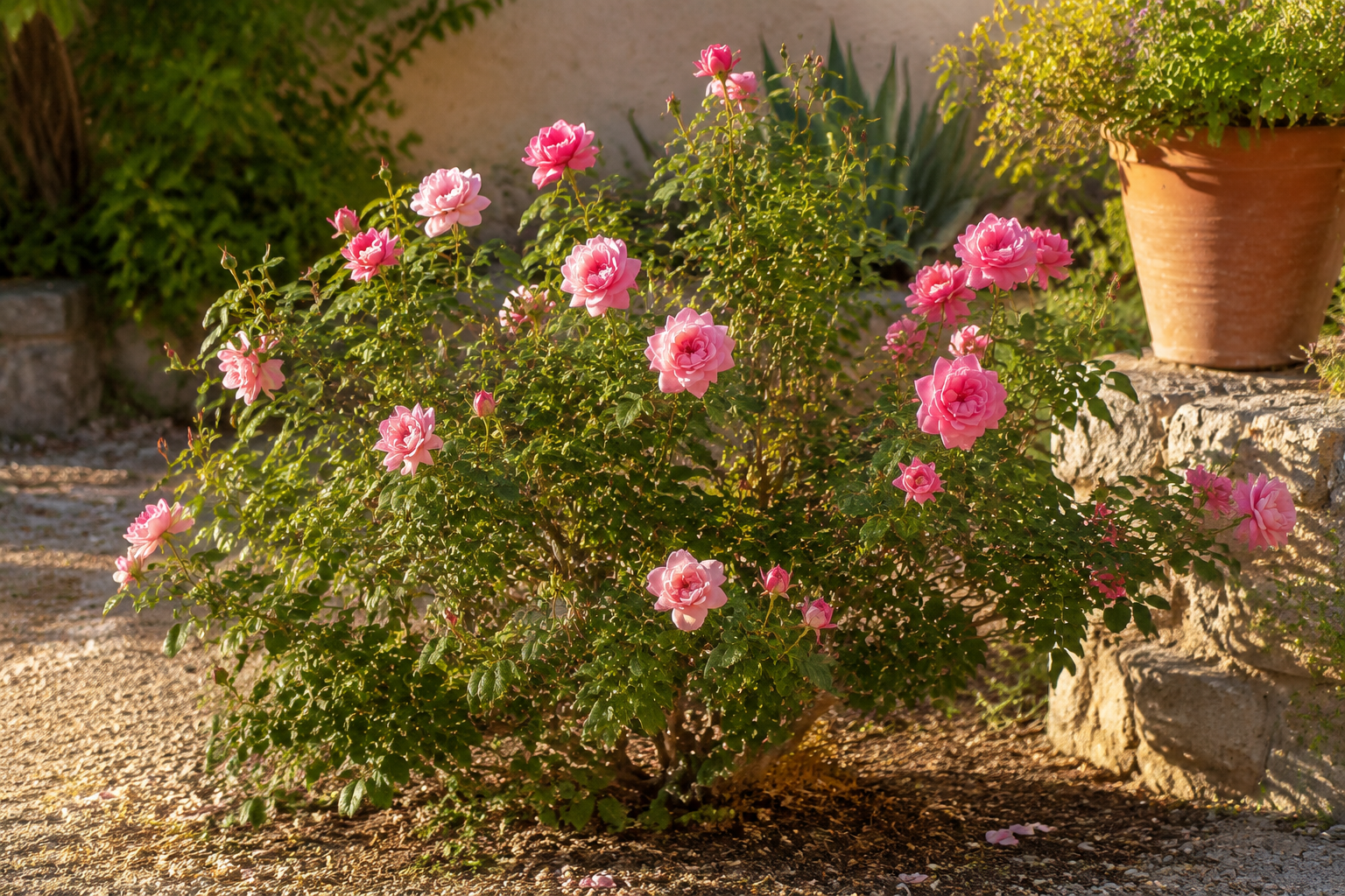 Rosal arbustivo adulto con flores rosadas en un jardín mediterráneo