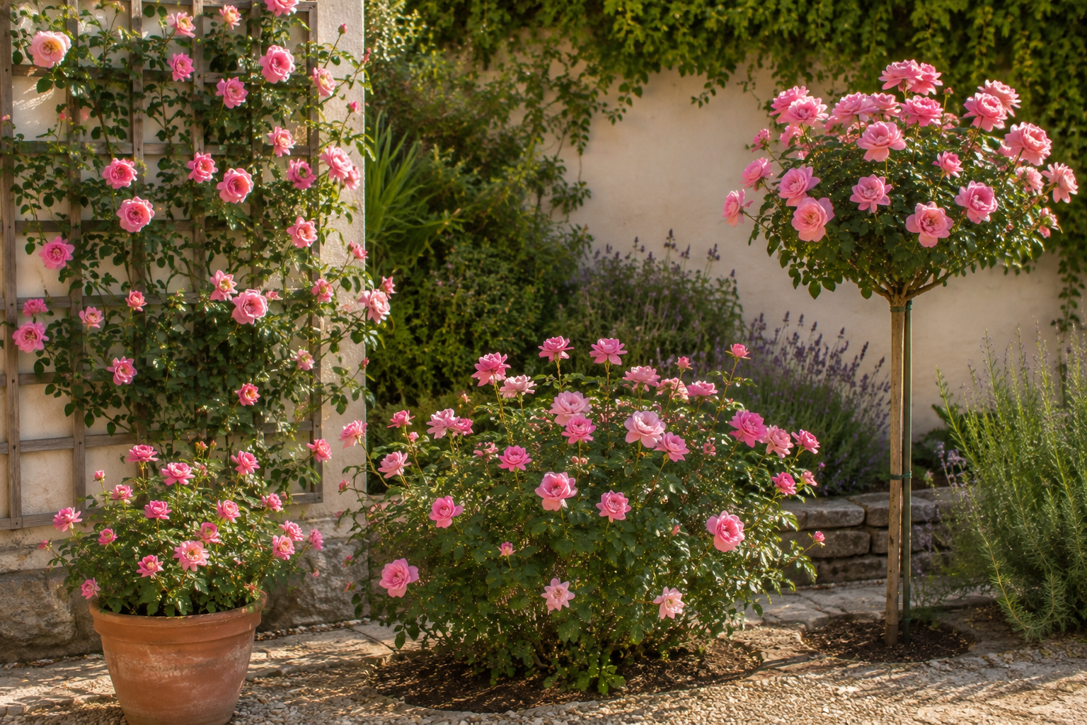 Rosal trepador en celosía, rosal compacto en maceta, rosal arbustivo y rosal de pie alto en un jardín