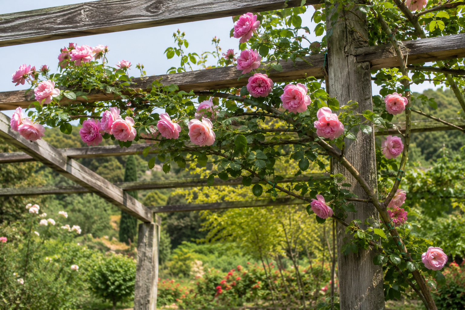 Rosal trepador de flores rosadas guiado sobre una pérgola de madera
