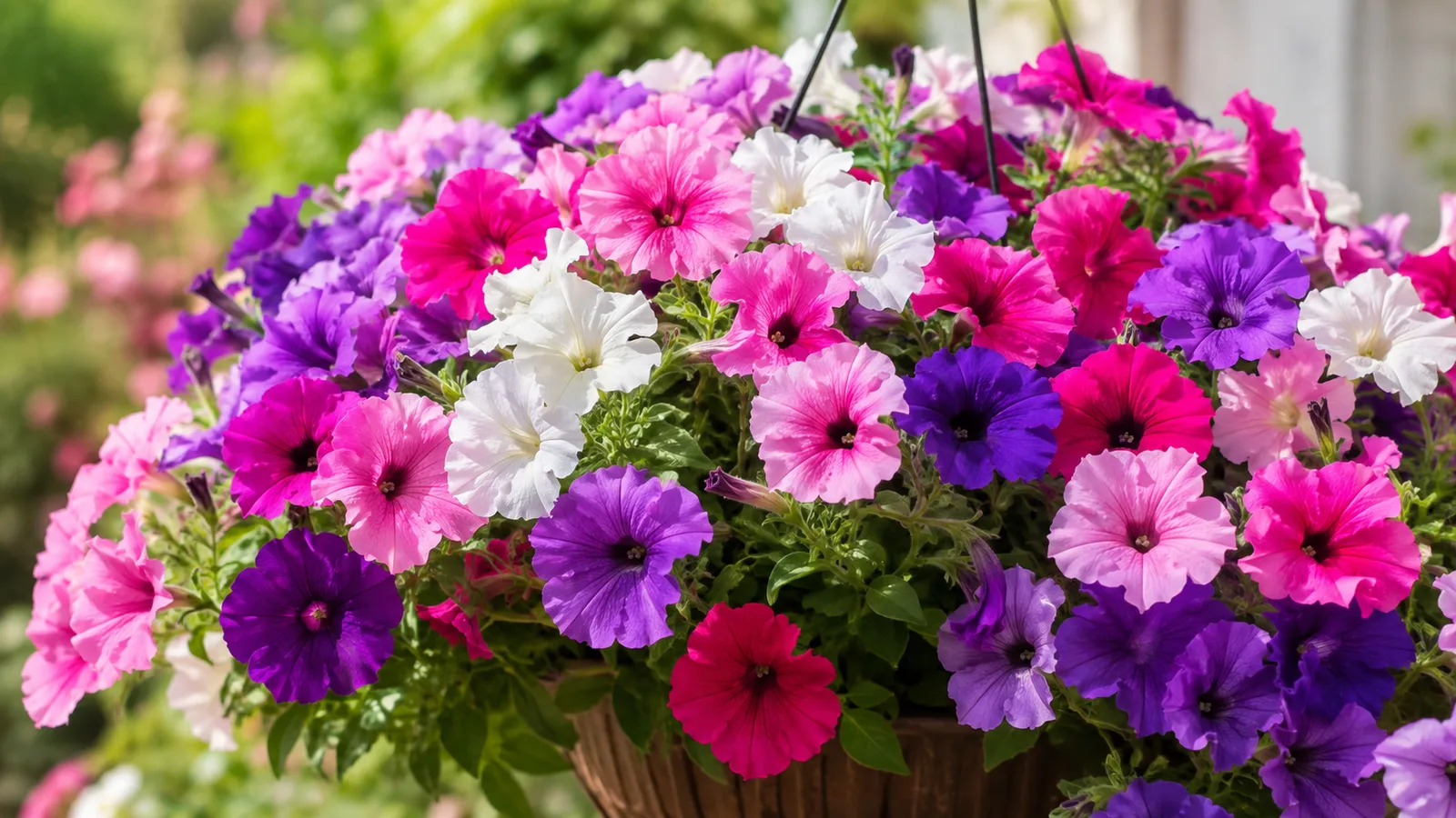 Petunias rosas, violetas y blancas en flor en una jardinera