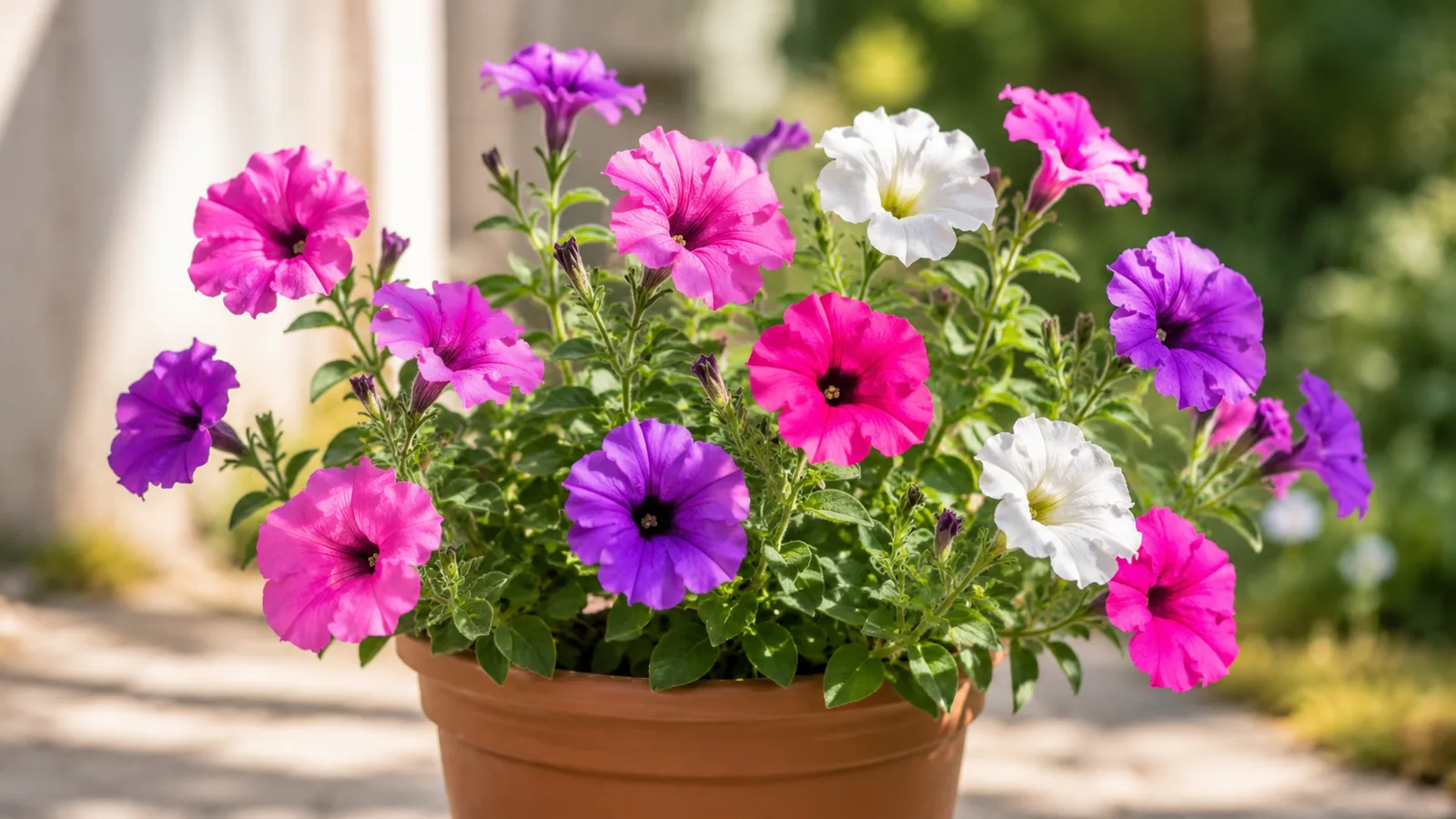 Planta de petunia con flores rosas, violetas y blancas y hojas verdes
