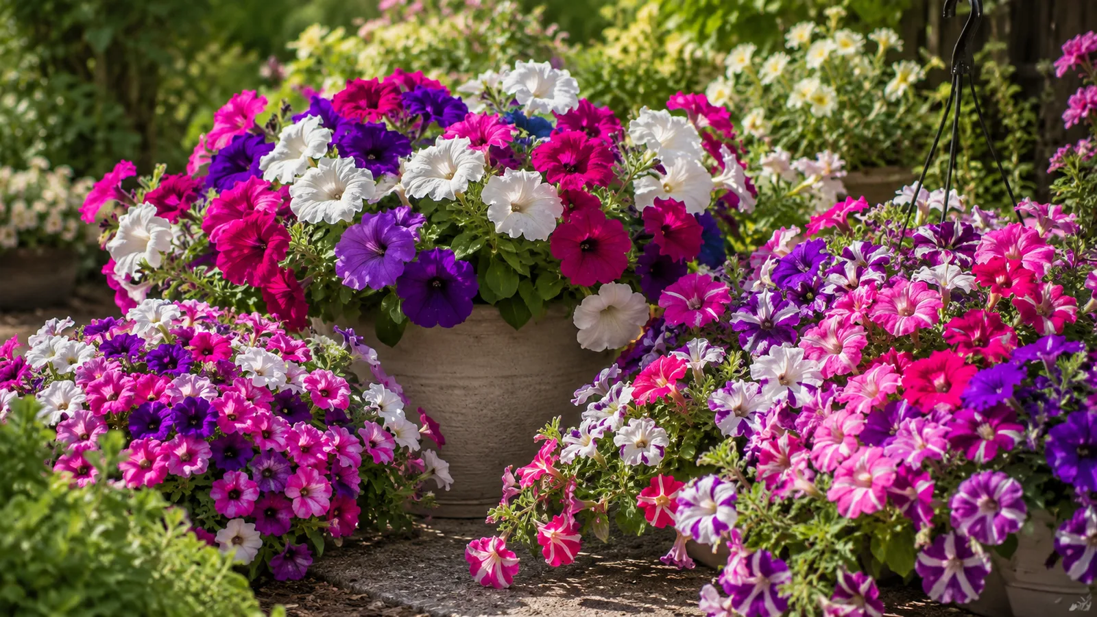 Petunias de diferentes portes y colores cultivadas en macetas y jardineras