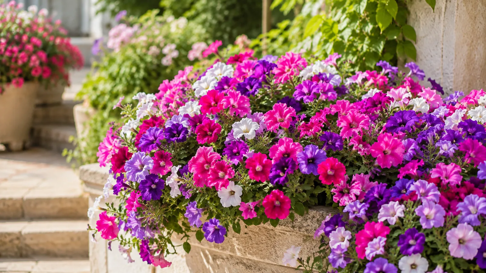 Petunias rosas, violetas y blancas creciendo en una jardinera exterior