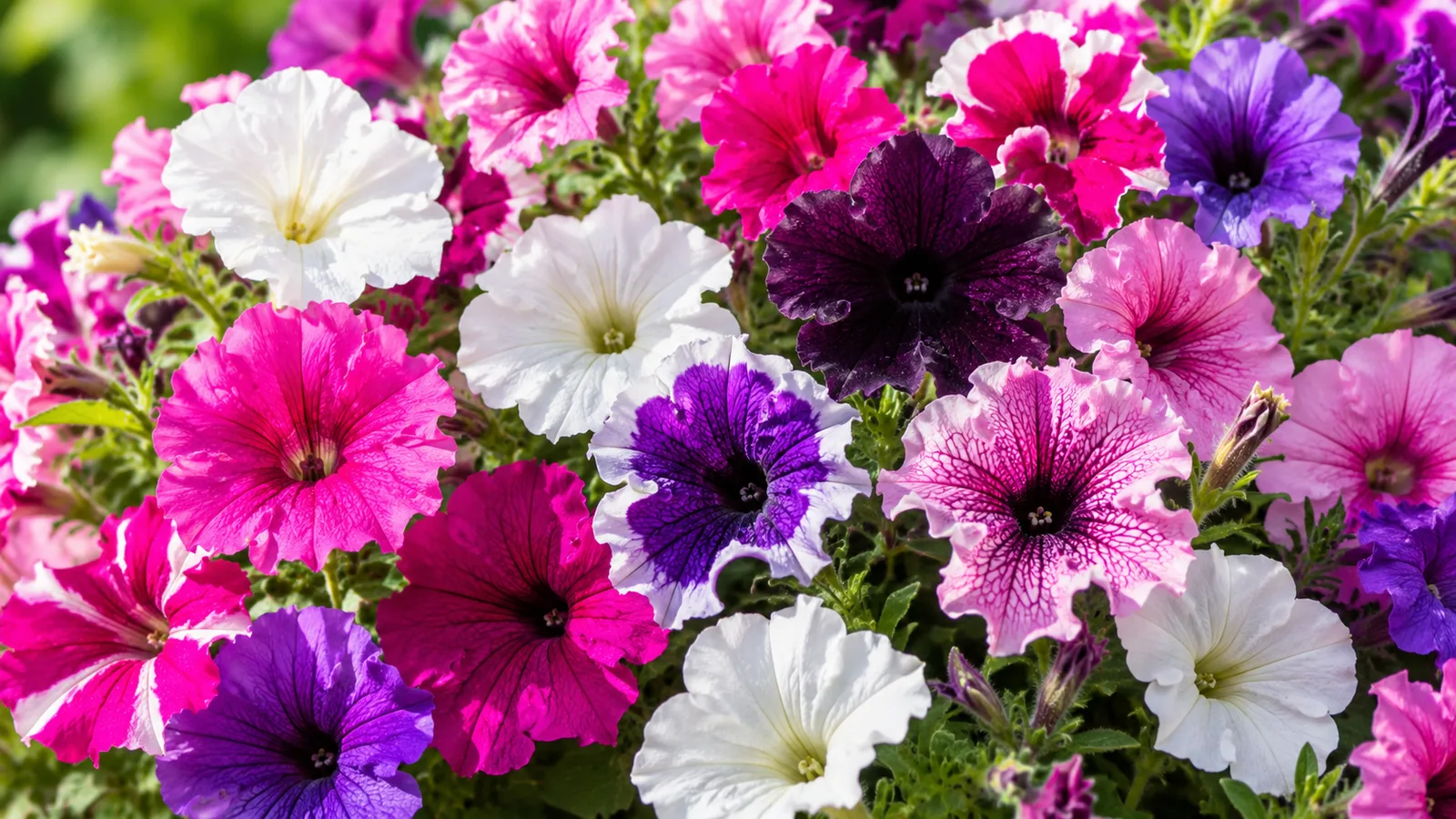 Petunias blancas, rosas, púrpuras y bicolores con diferentes patrones en las flores