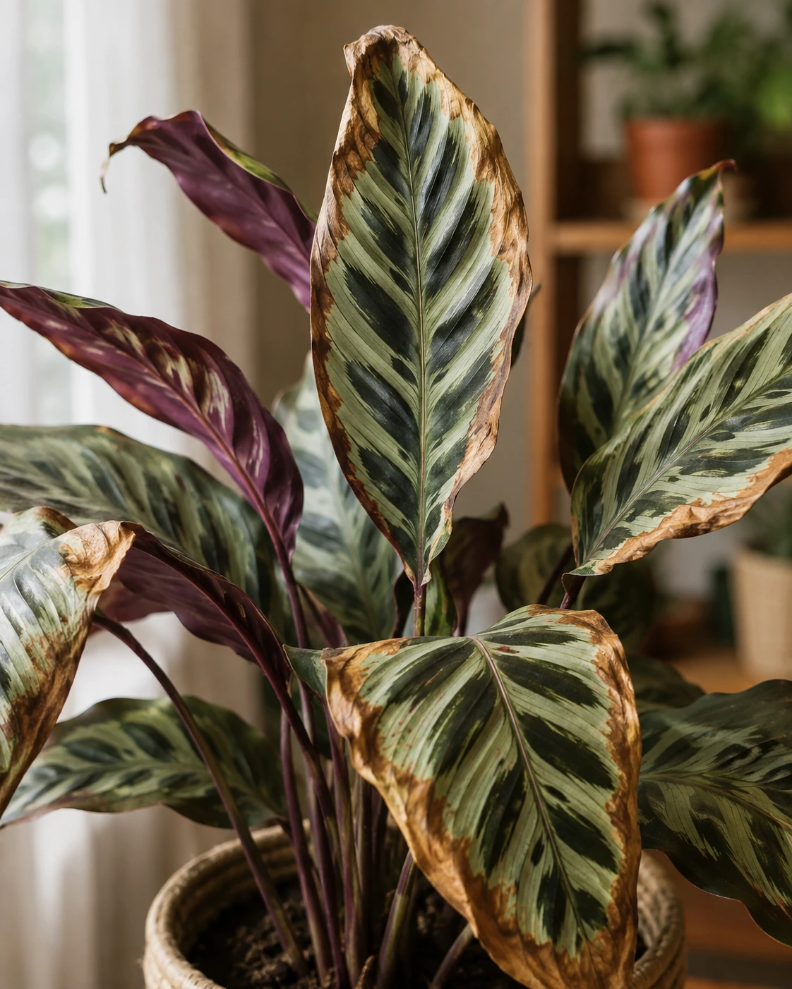 Calathea con bordes marrones y secos en varias hojas