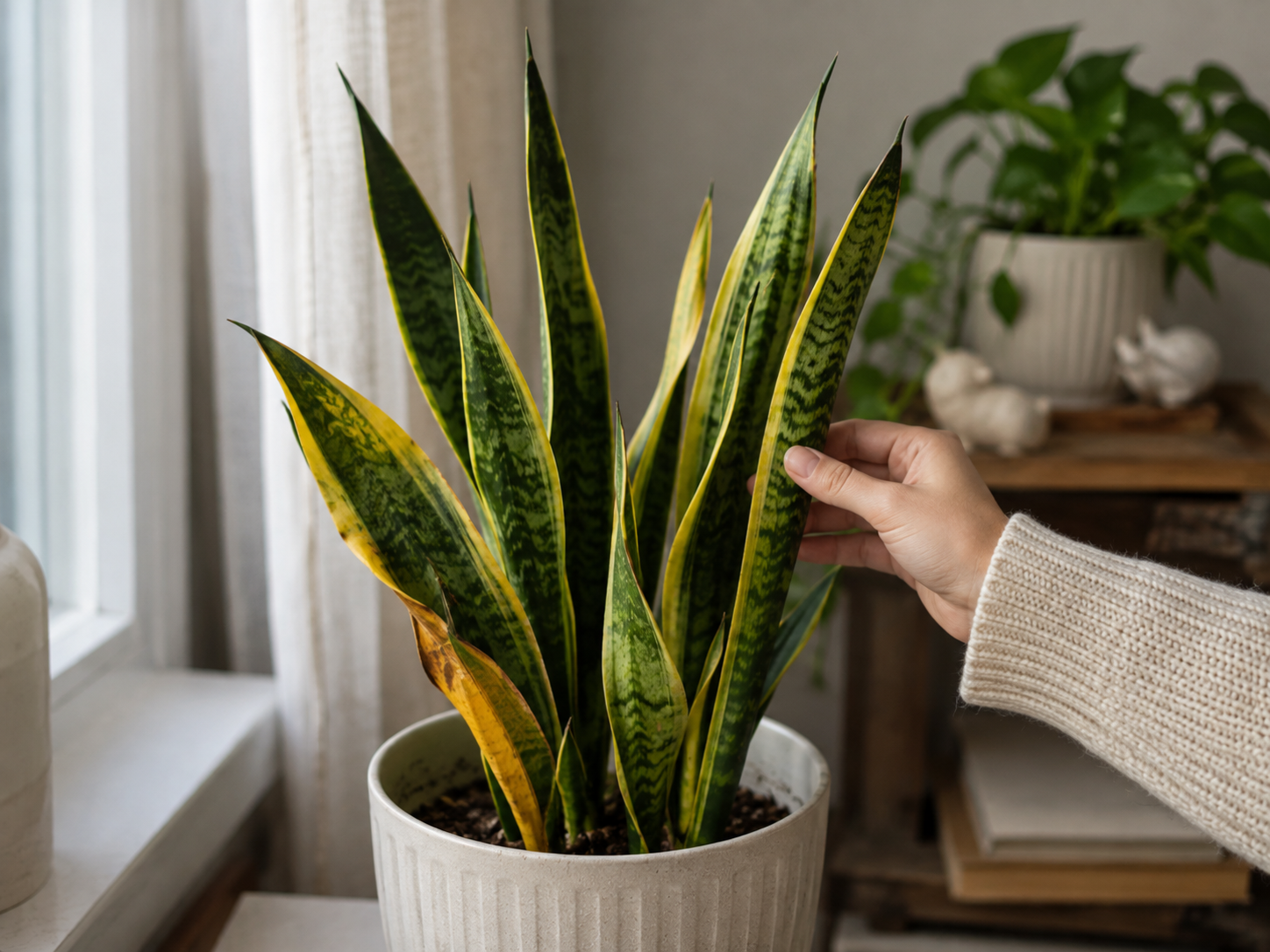 Sansevieria con hojas amarillas siendo revisada a mano junto a una ventana