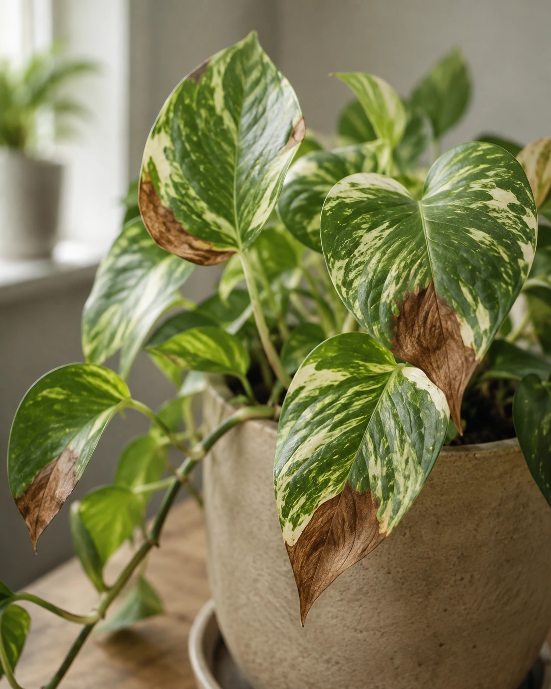 Poto variegado con manchas marrones en varias hojas