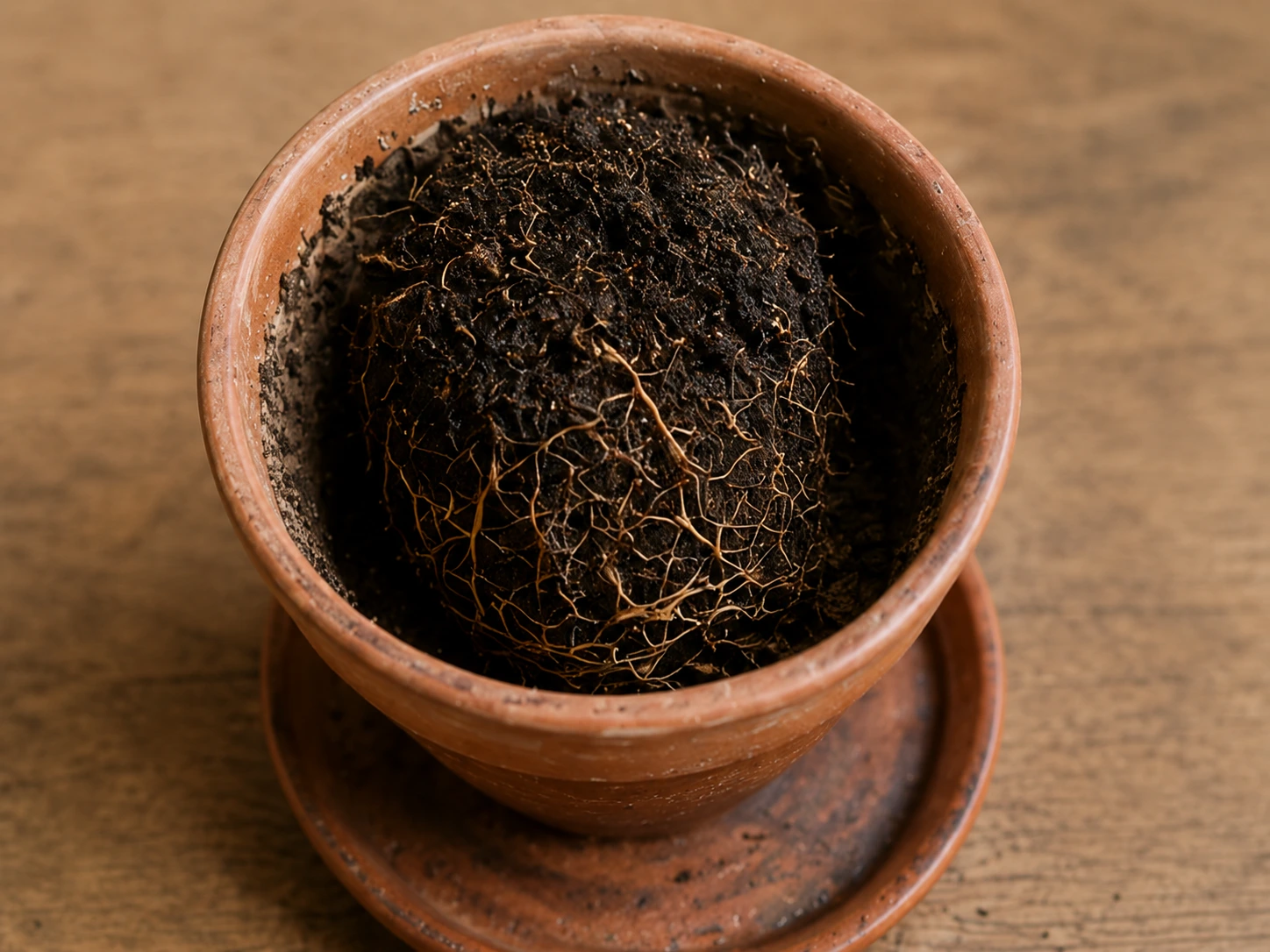 Raíces oscuras y deterioradas de una planta afectada por exceso de agua