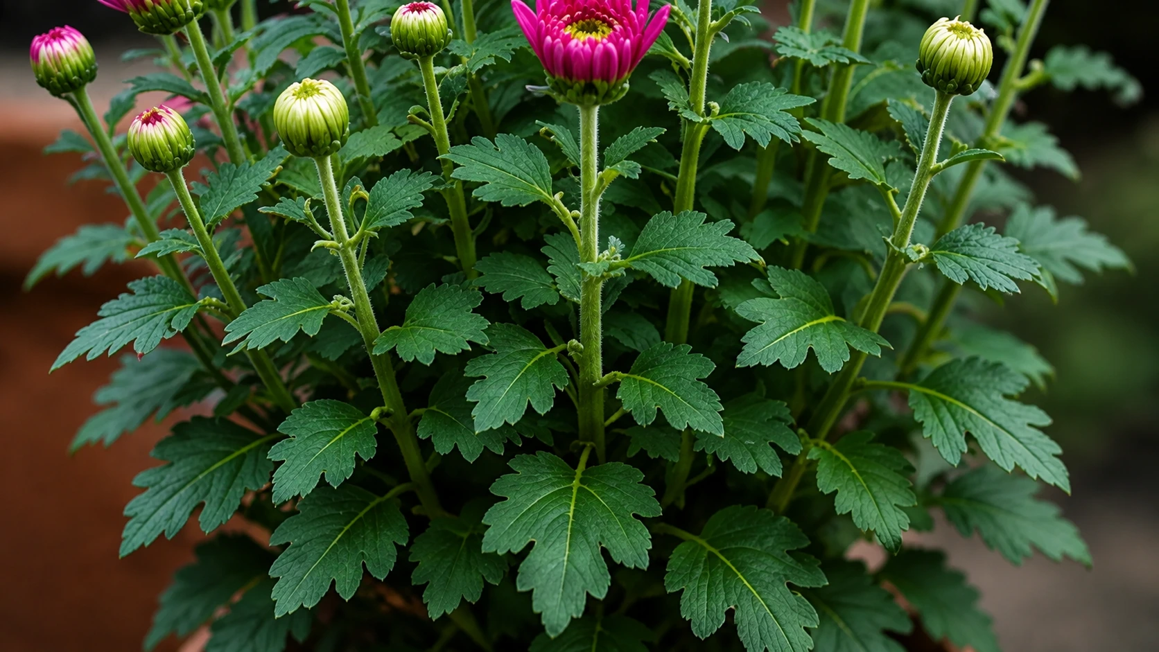 Planta de crisantemo con tallos ramificados, hojas lobuladas y capullos florales