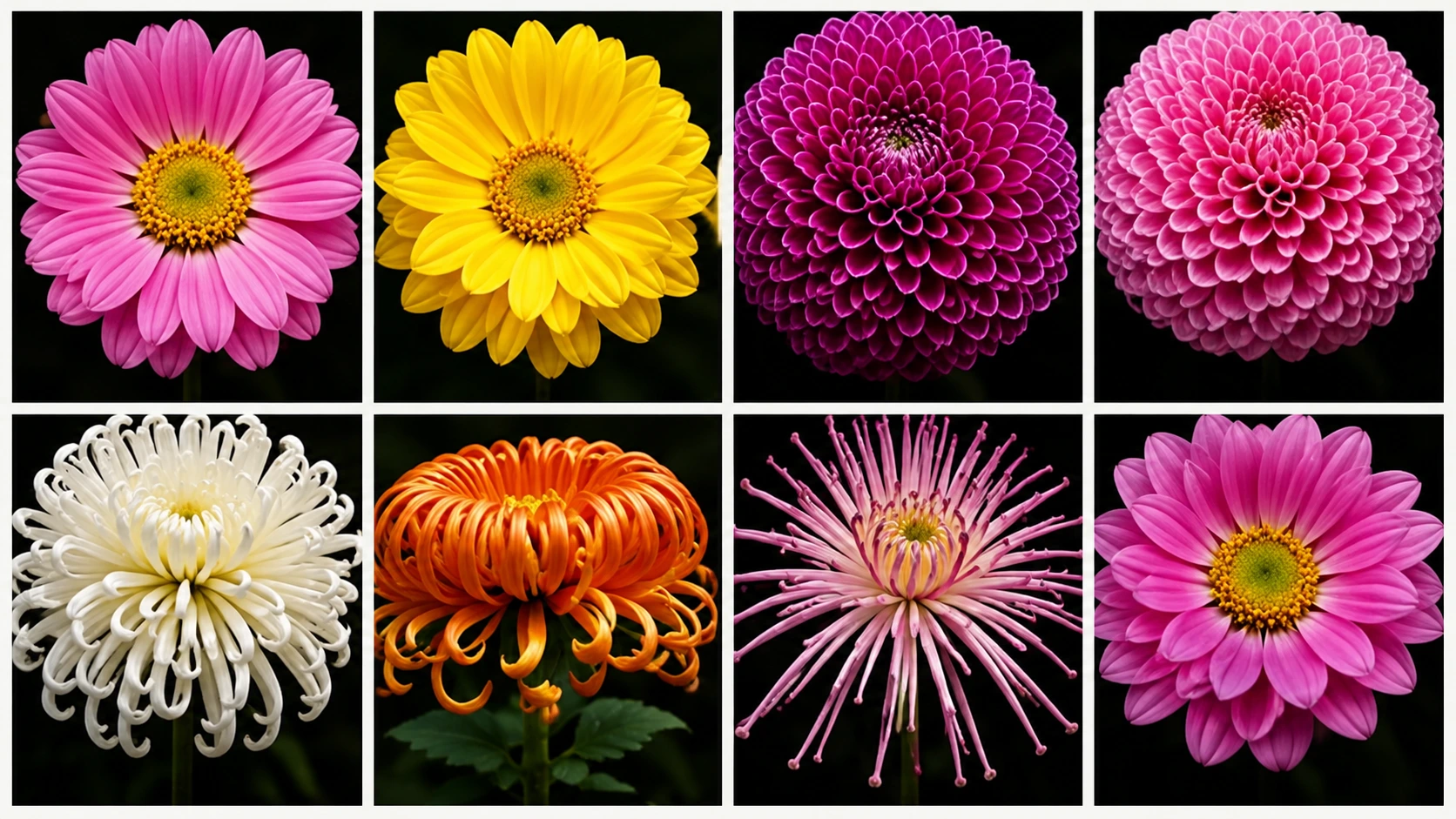 Diferentes tipos de crisantemos con flores simples, decorativas, pompon, incurvadas y de tipo araña