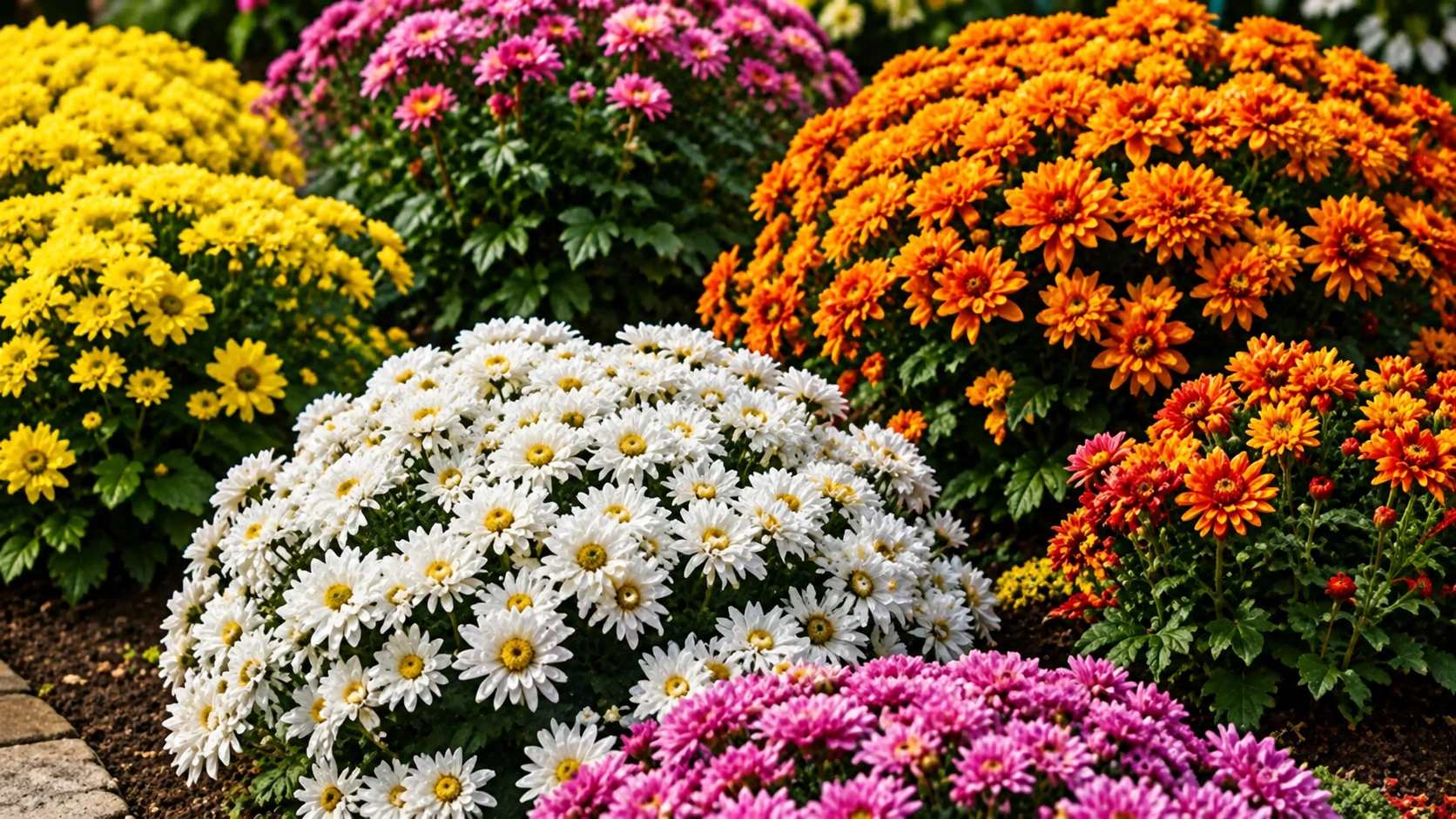 Crisantemos amarillos, blancos, rosas y naranjas creciendo agrupados en un jardín