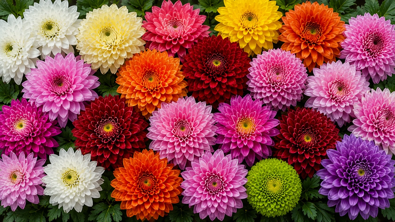 Crisantemos blancos, amarillos, naranjas, rosas, rojos, púrpuras y verdes con diferentes formas florales