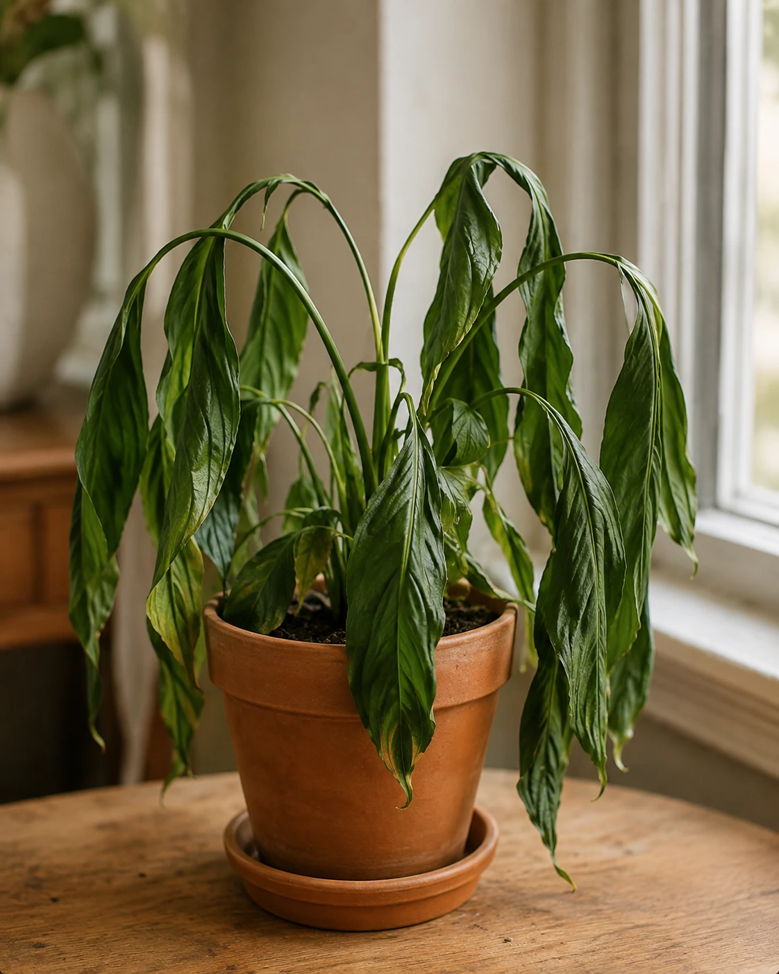 Planta de interior con hojas caídas y pérdida de turgencia