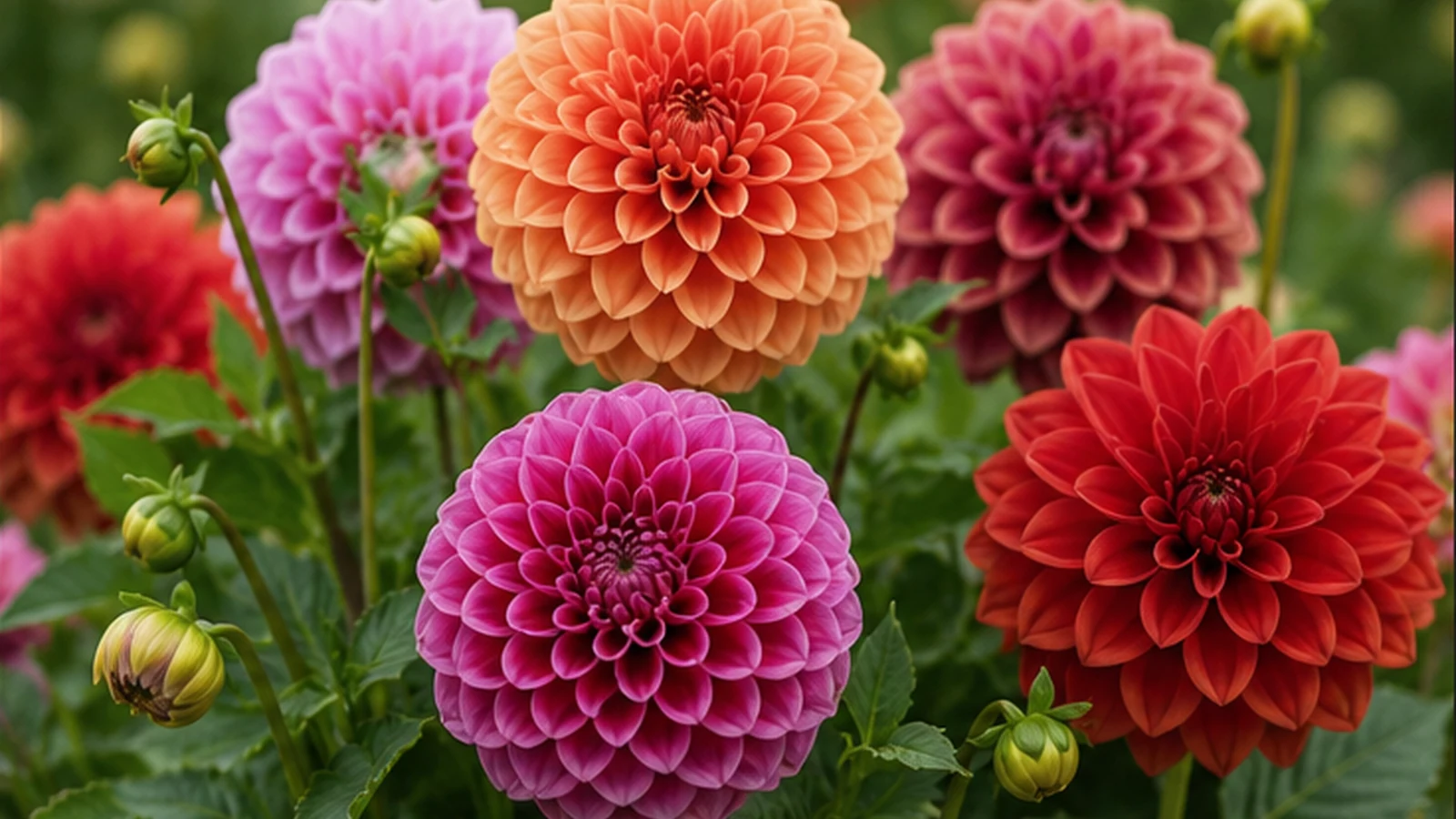 Dalias en flor de distintos colores y formas en un jardín
