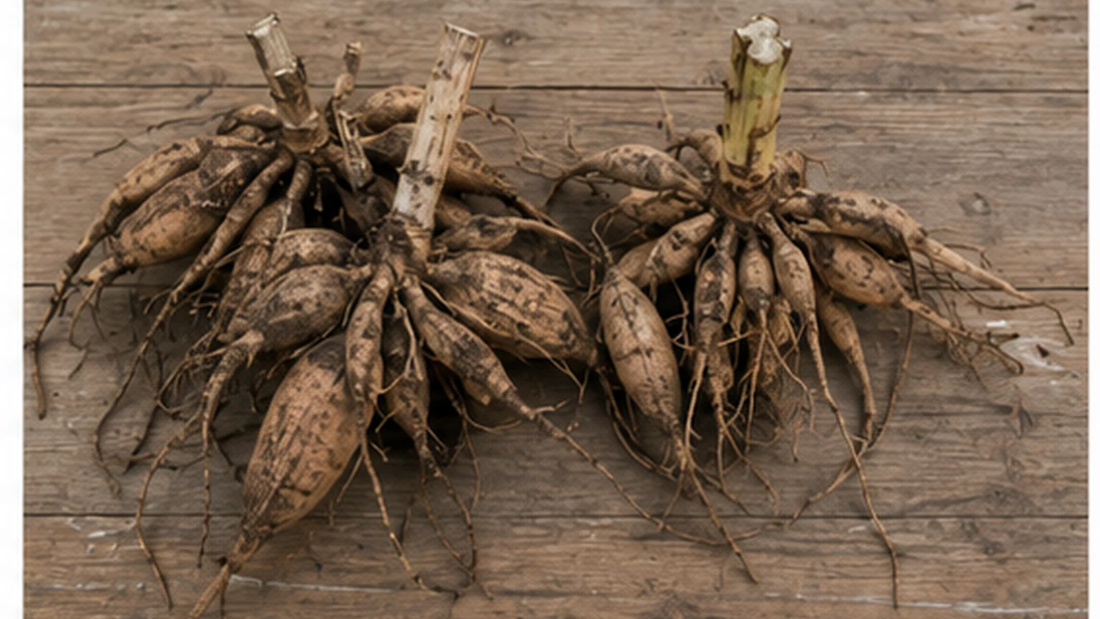 Raíces tuberosas de una dalia fuera de la tierra