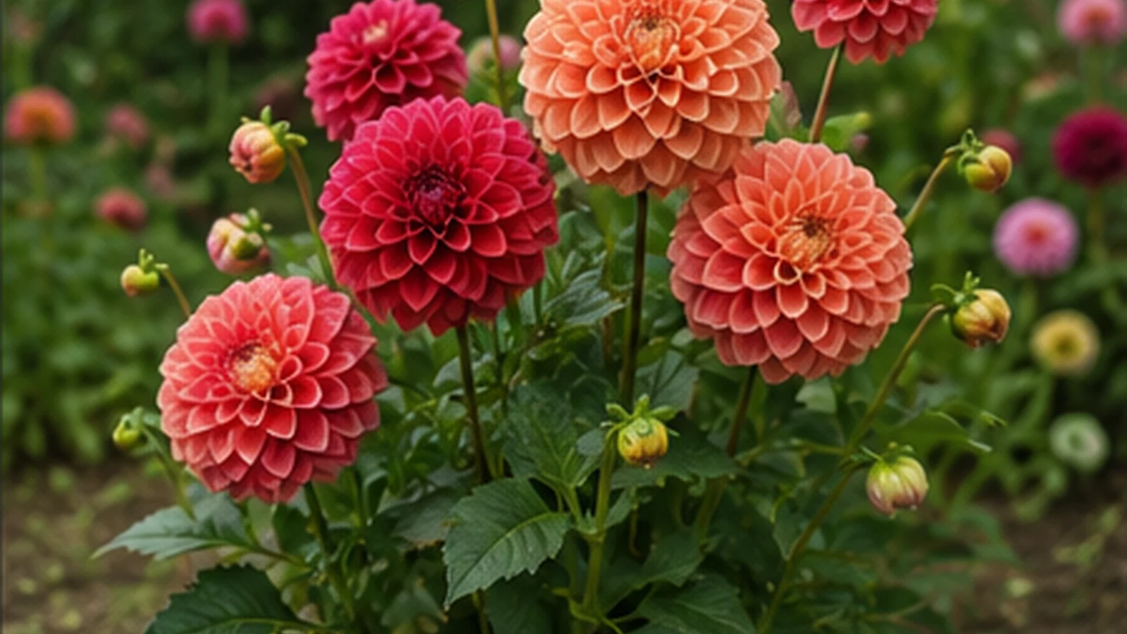 Dalias naranjas, rojas, rosas, amarillas y púrpuras creciendo en un jardín