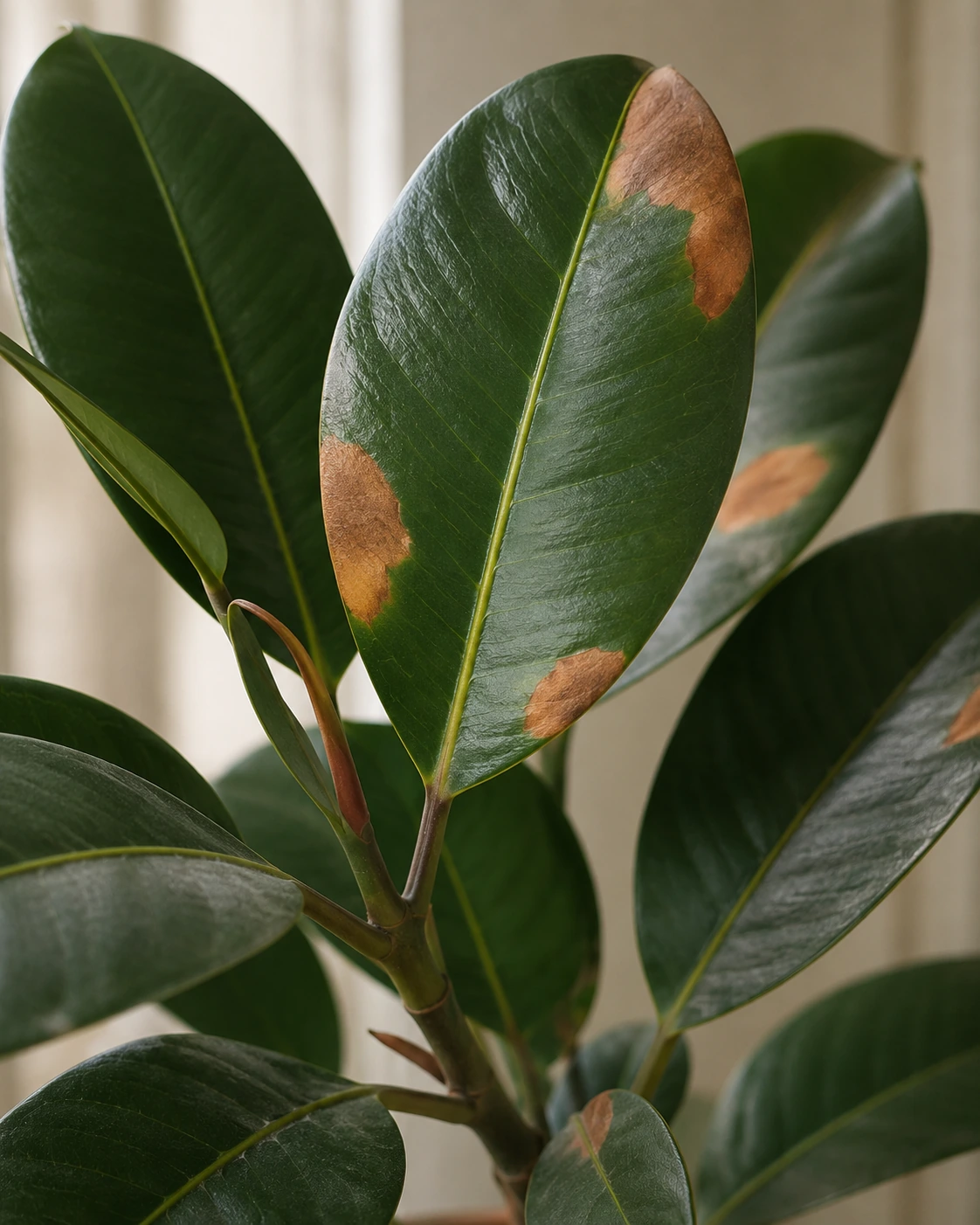 Ficus elastica con manchas marrones en varias hojas