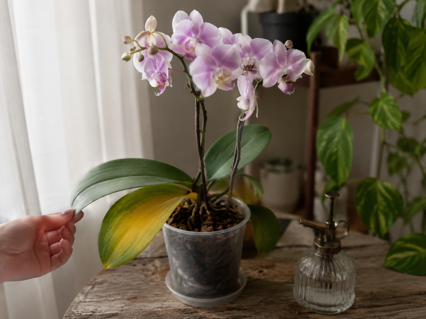Orquídea Phalaenopsis con una hoja amarilla siendo revisada a mano junto a una ventana