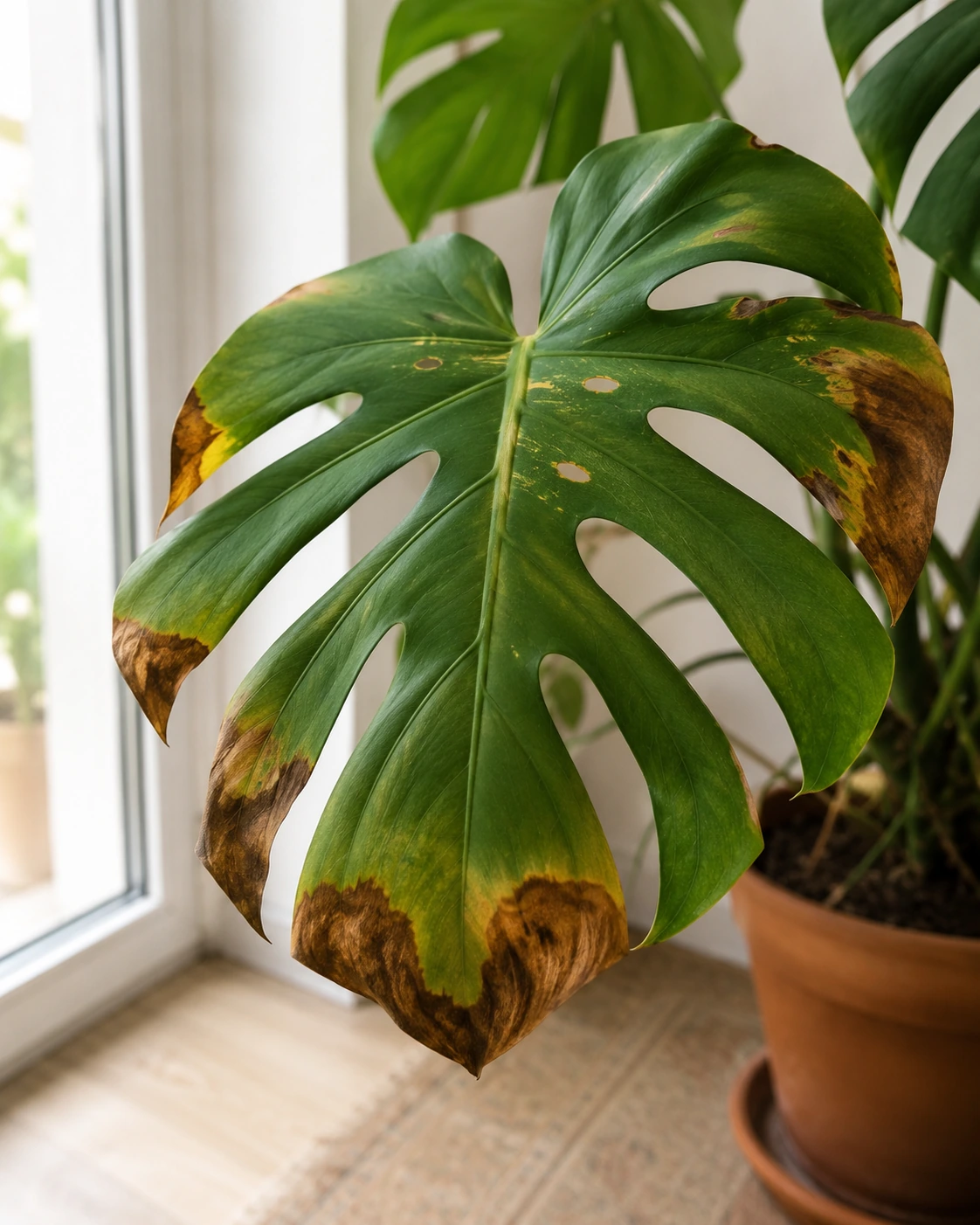 Hoja de monstera con zonas marrones irregulares en los bordes