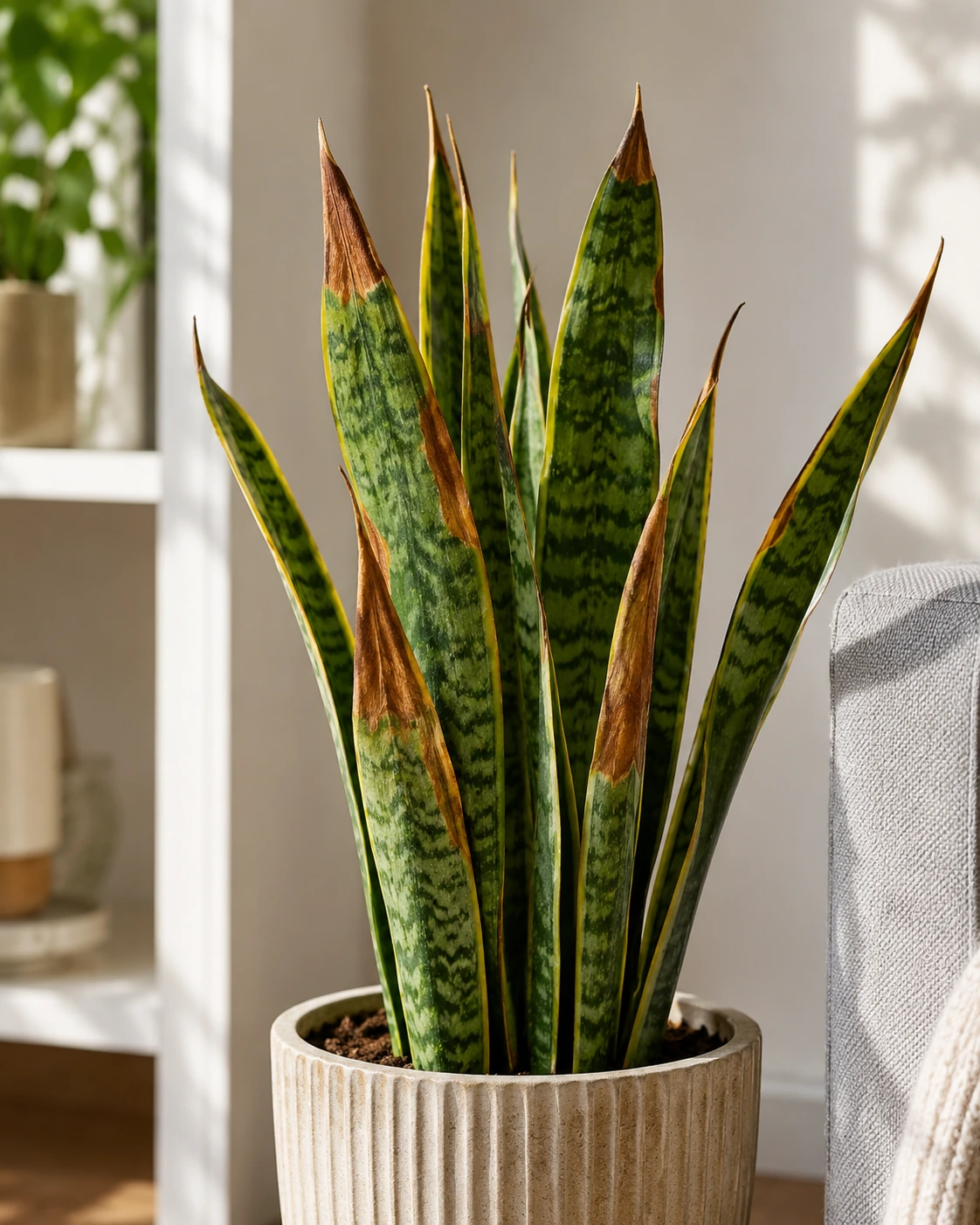 Sansevieria con puntas y zonas marrones en algunas hojas