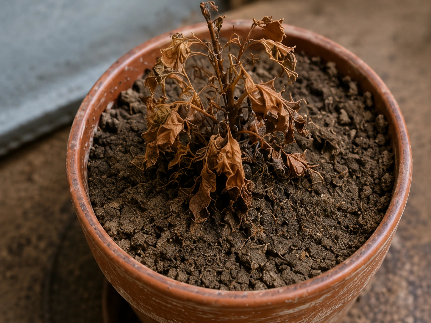 Planta marchita y deshidratada con hojas secas y tierra muy seca