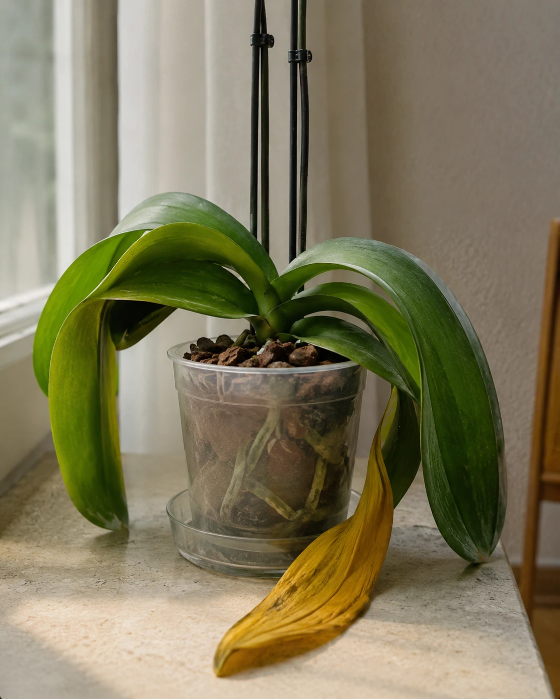 Orquídea Phalaenopsis con hoja inferior amarillenta y caída