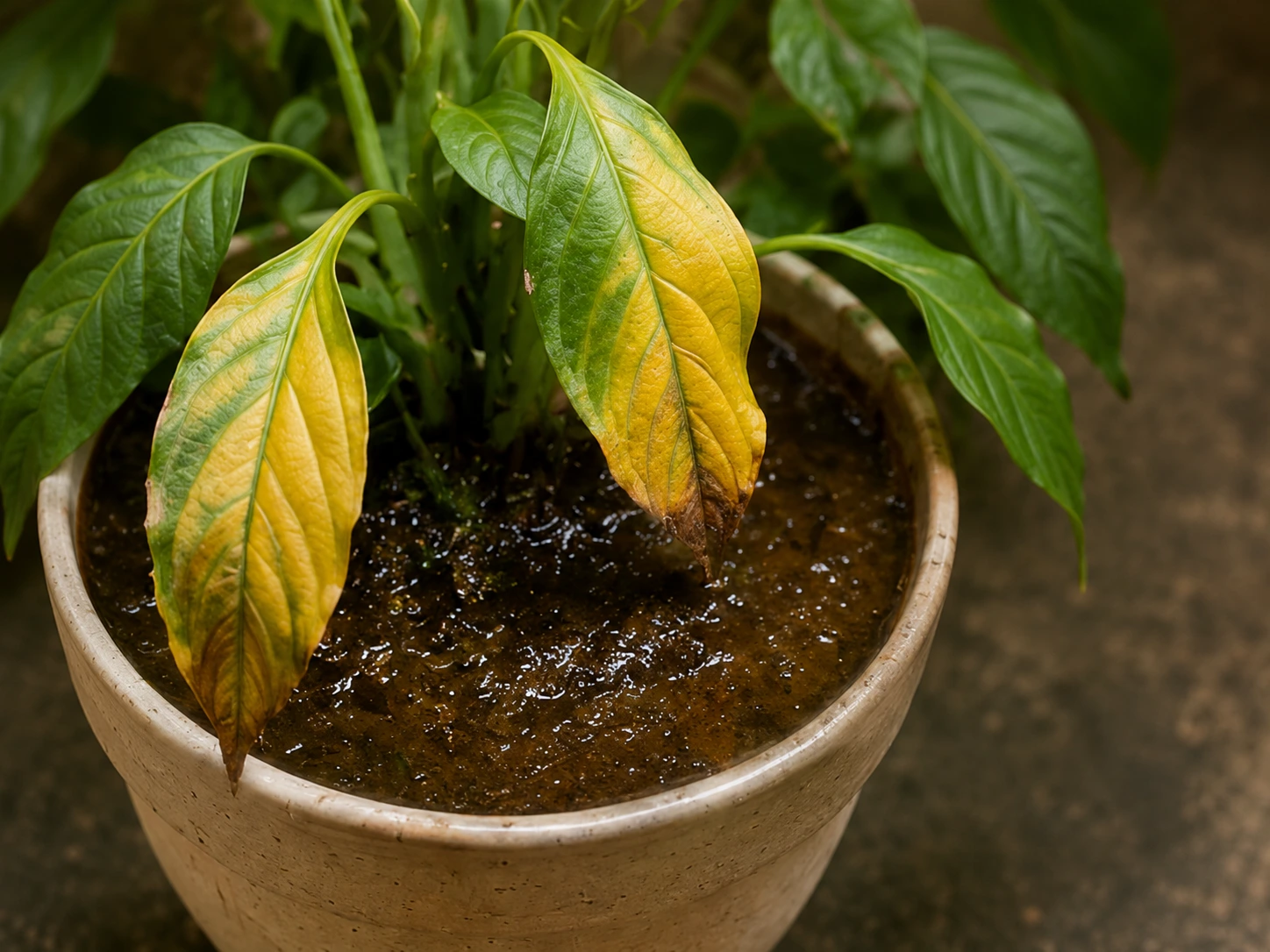 Planta de interior con hojas amarillas y sustrato muy húmedo por exceso de riego