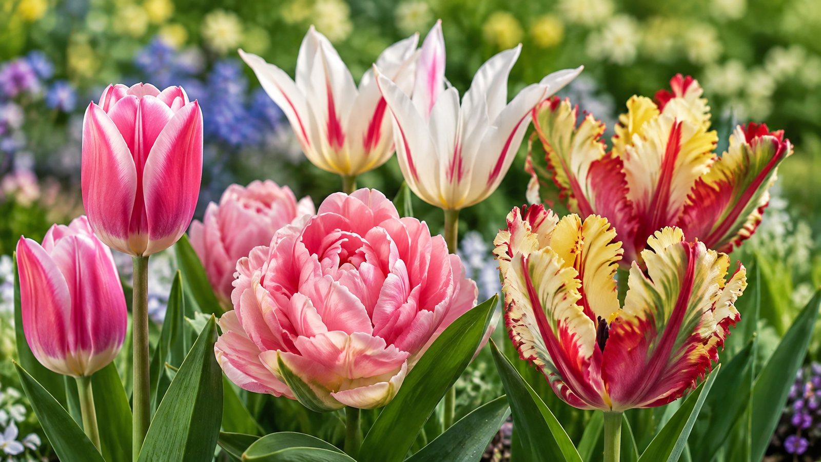 Distintos tipos de tulipanes con flores simples, dobles, puntiagudas y rizadas