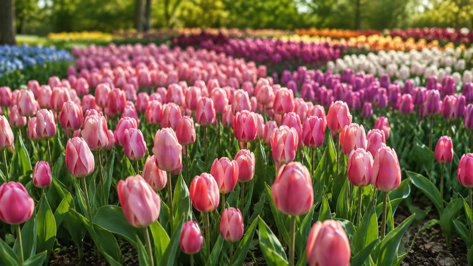 Campo de tulipanes en flor organizado en amplias franjas de colores
