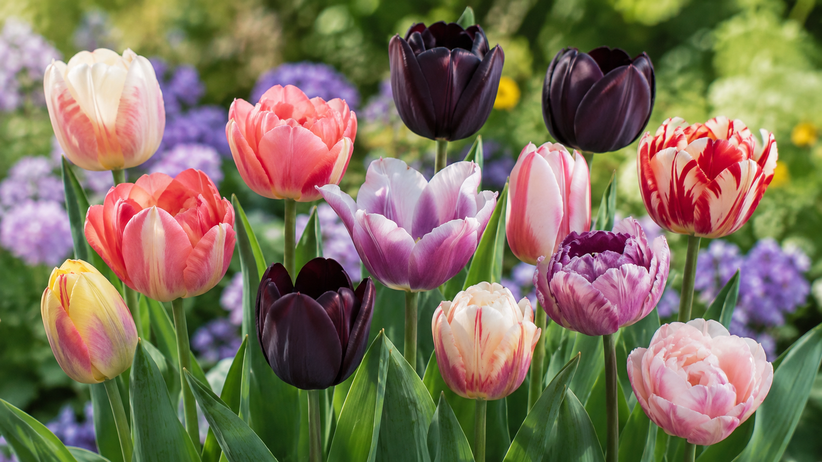 Tulipanes de distintos colores y formas con flores rosas, bicolores y púrpura muy oscuro